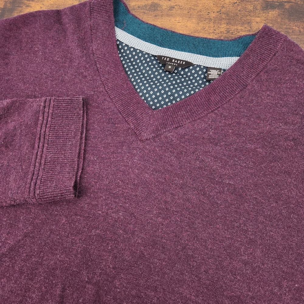 Ted Baker Sweater Mens 6‎ 2XL Purple V Neck Pullover Wool Cashmere Silk Blend